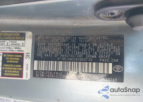 2009 Toyota Camry Le из США, поврежденный, VIN 4T1BE46K59U900730